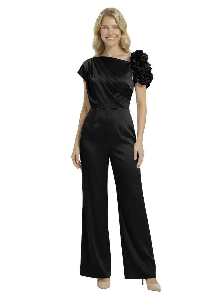 Chicsew Mother of The Groom Jumpsuit Unique Flower Detail Satin Wide Leg Long Outfit Sleek Modern Design sold by ChicSew product image thumbnail 4