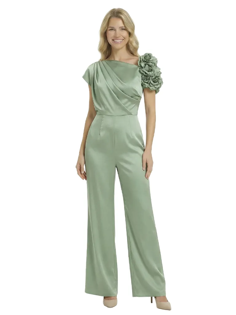Chicsew Mother of The Groom Jumpsuit Unique Flower Detail Satin Wide Leg Long Outfit Sleek Modern Design sold by ChicSew