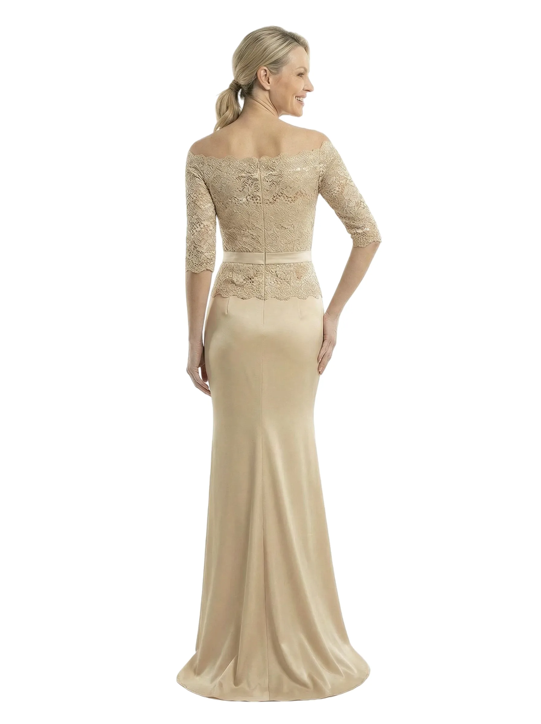 Chicsew Off Shoulder 3/4 Sleeves Mother Of The Bride Dress Maxi Mermaid Satin Gown with Lace Applique sold by ChicSew product image thumbnail 3