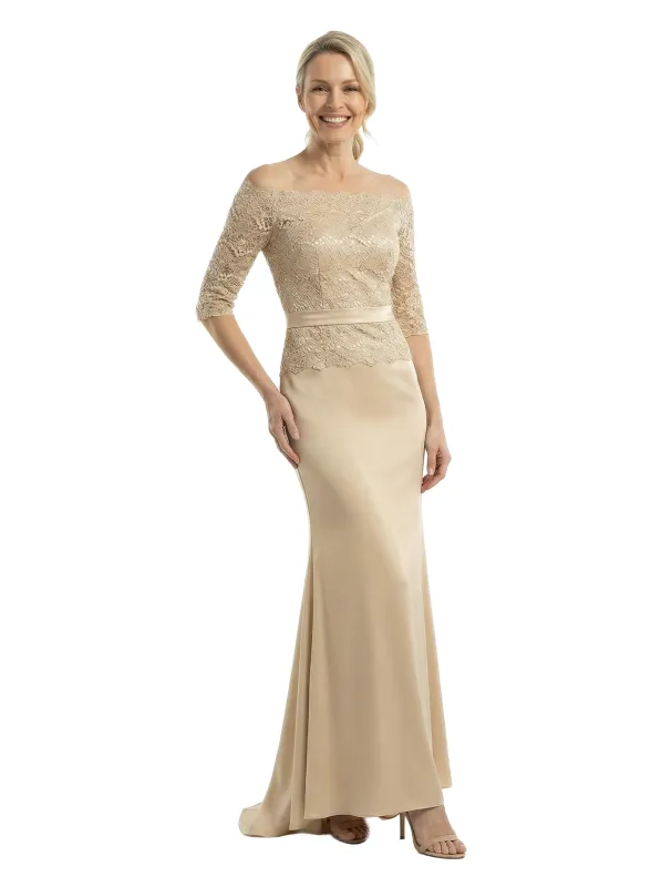 Chicsew Off Shoulder 3/4 Sleeves Mother Of The Bride Dress Maxi Mermaid Satin Gown with Lace Applique sold by ChicSew