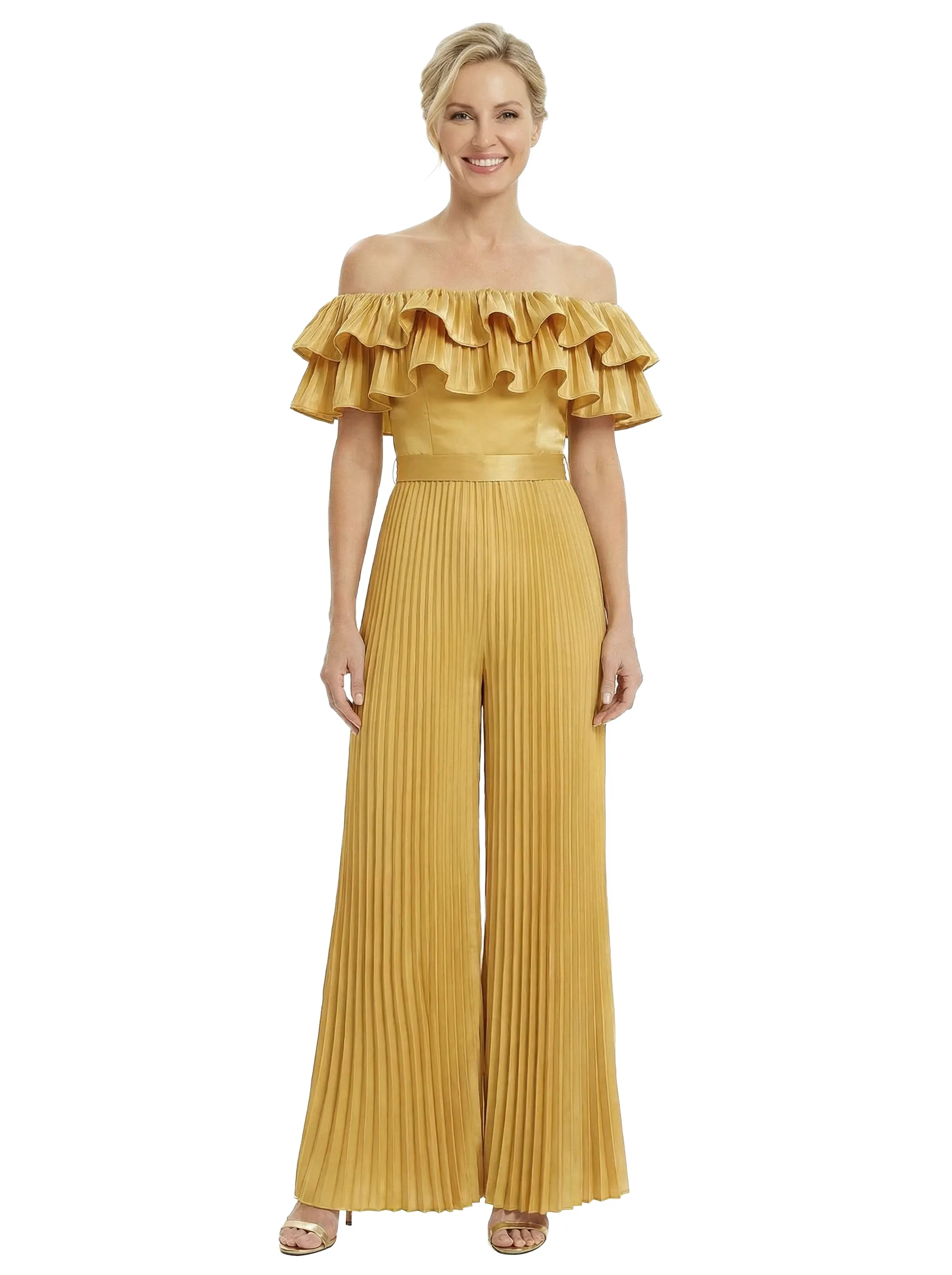 Chicsew Mother of Bride Jumpsuit Fancy Ruffled Satin Wide Leg Outfit Unique Stylish Design sold by ChicSew