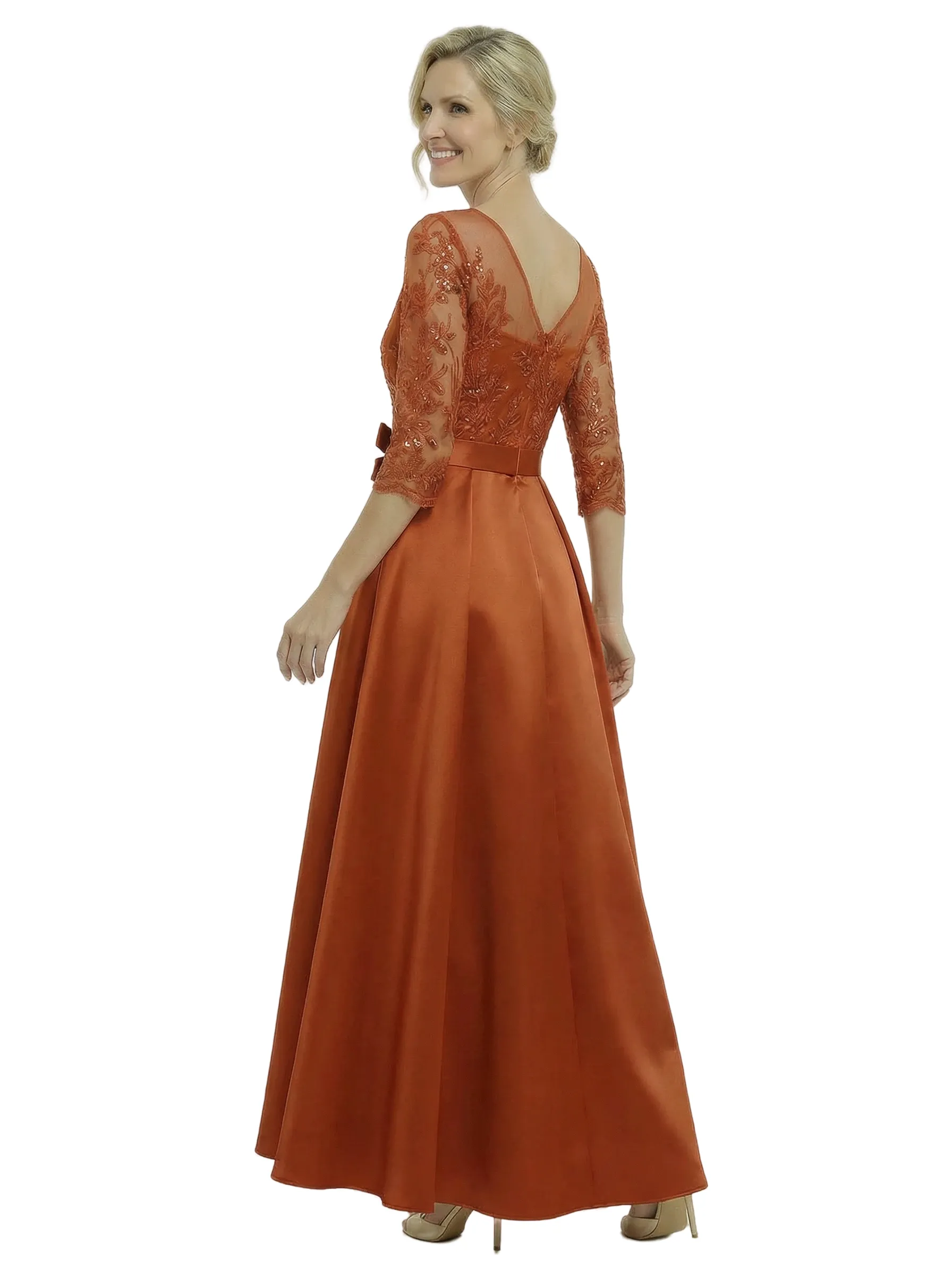 Chicsew Stunning Illusion Half Sleeves A-Line Satin Mother Of The Bride Gown With Bow Belt sold by ChicSew product image thumbnail 3