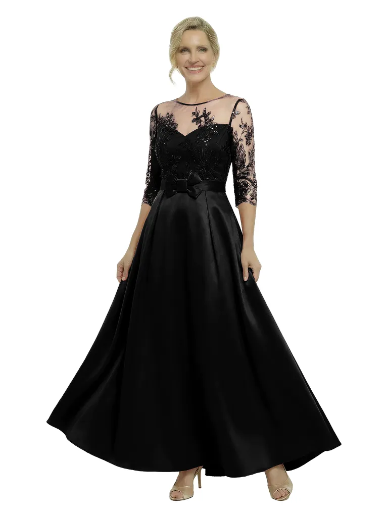 Chicsew Stunning Illusion Half Sleeves A-Line Satin Mother Of The Bride Gown With Bow Belt sold by ChicSew product image thumbnail 4