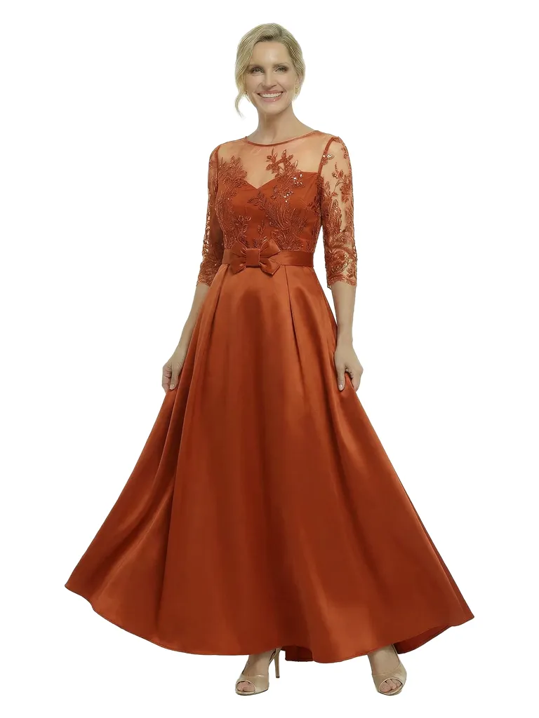 Chicsew Stunning Illusion Half Sleeves A-Line Satin Mother Of The Bride Gown With Bow Belt sold by ChicSew