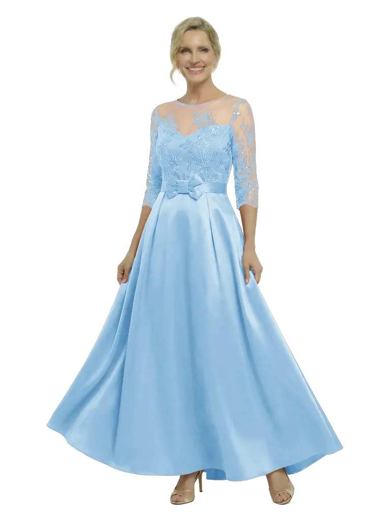 Chicsew Stunning Illusion Half Sleeves A-Line Satin Mother Of The Bride Gown With Bow Belt sold by ChicSew product image thumbnail 5