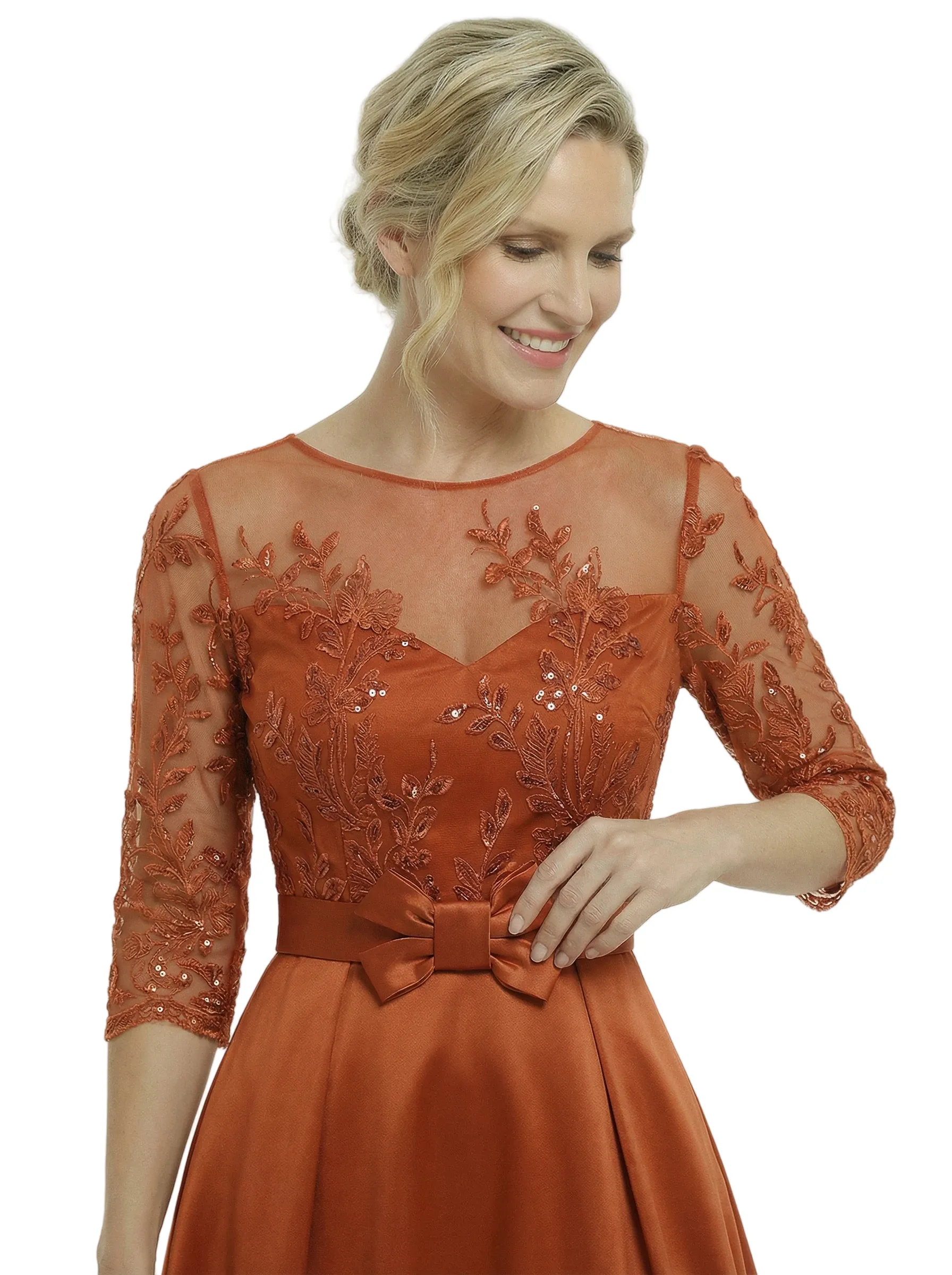 Chicsew Stunning Illusion Half Sleeves A-Line Satin Mother Of The Bride Gown With Bow Belt sold by ChicSew product image thumbnail 2