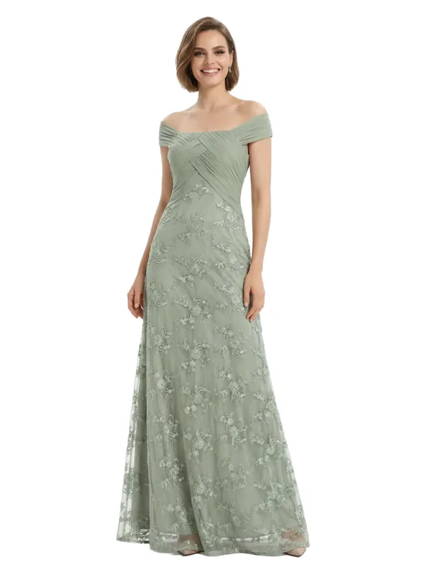 Chicsew Sophisticated Off The Shoulder Chiffon Lace Ruched Maxi Mother Of The Groom Gown sold by ChicSew