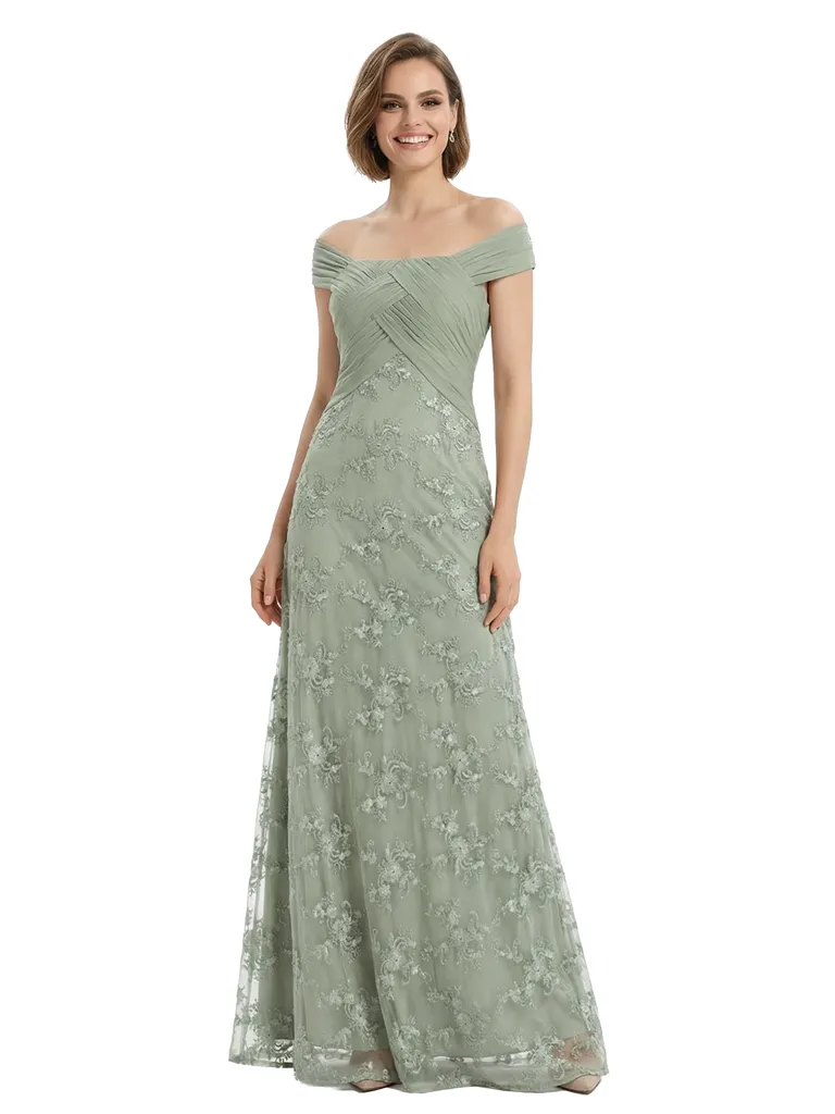 Chicsew Sophisticated Off The Shoulder Chiffon Lace Ruched Maxi Mother Of The Groom Gown sold by ChicSew