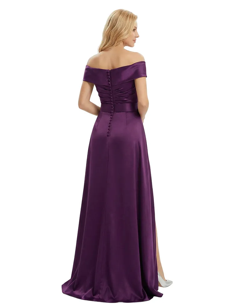 Chicsew Sexy Off Shoulder Side Slit Ruffles Mermaid Satin Mother of The Bride Dress With Train sold by ChicSew product image thumbnail 2