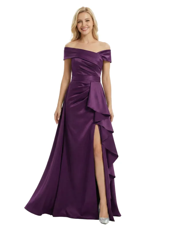 Chicsew Sexy Off Shoulder Side Slit Ruffles Mermaid Satin Mother of The Bride Dress With Train sold by ChicSew