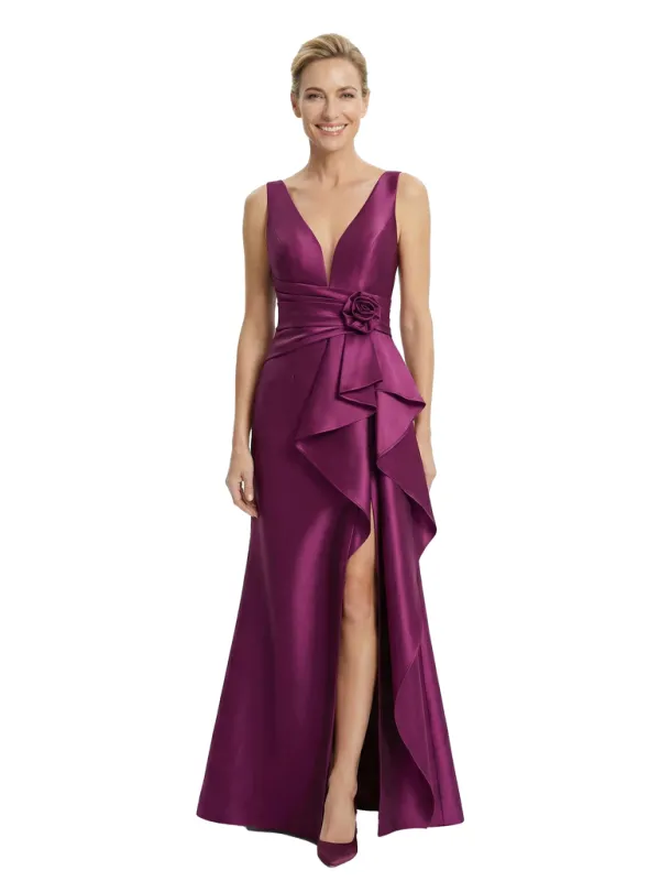 Chicsew Sexy V-neck Ruffles Side Slit A-Line Satin Mother of The Bride Dress With Floral Detail sold by ChicSew
