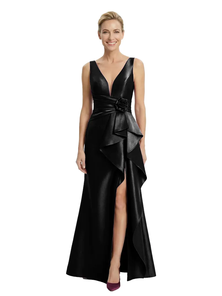 Chicsew Sexy V-neck Ruffles Side Slit A-Line Satin Mother of The Bride Dress With Floral Detail sold by ChicSew product image thumbnail 4