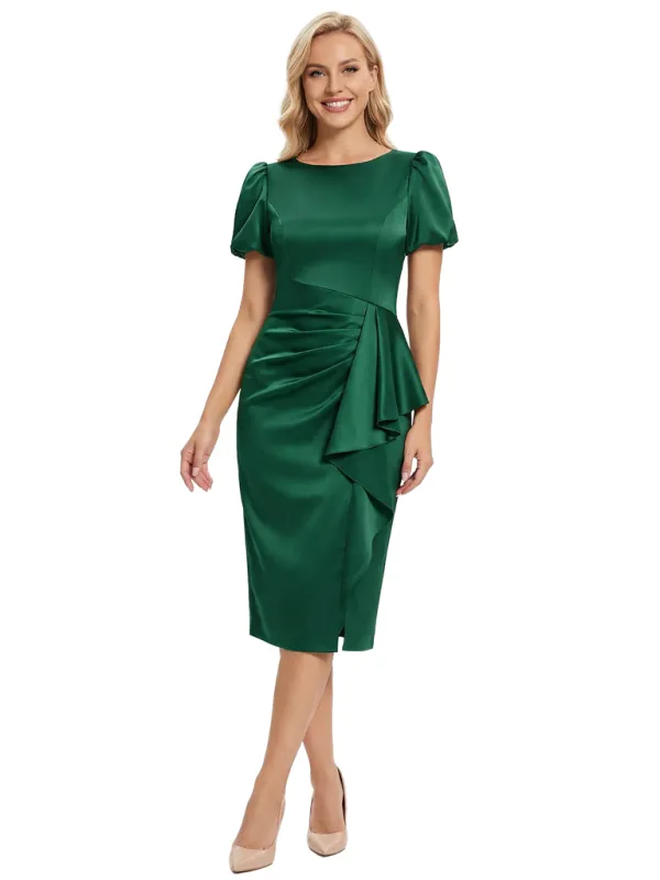 Chicsew Elegant Jewel Puff Sleeves Ruffle Satin Sheath Mother Of The Bride Dresses sold by ChicSew