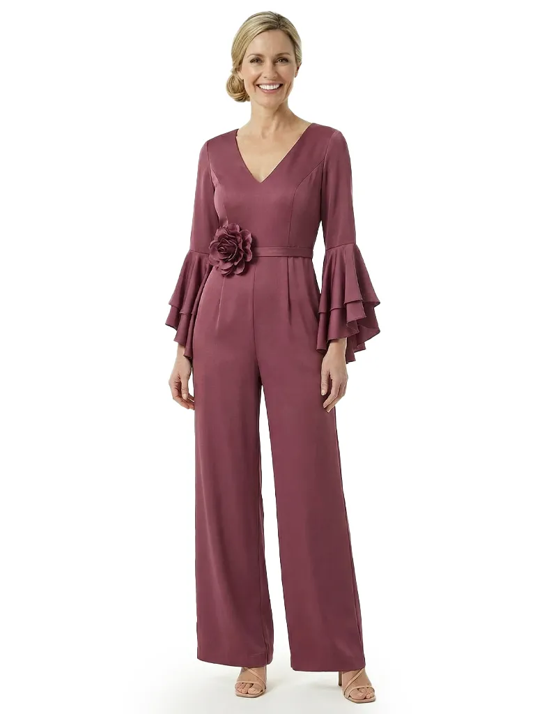 Beautiful V-Neck Long Sleeves Floral Detail Satin Mother Of The Bride Jumpsuit sold by ChicSew