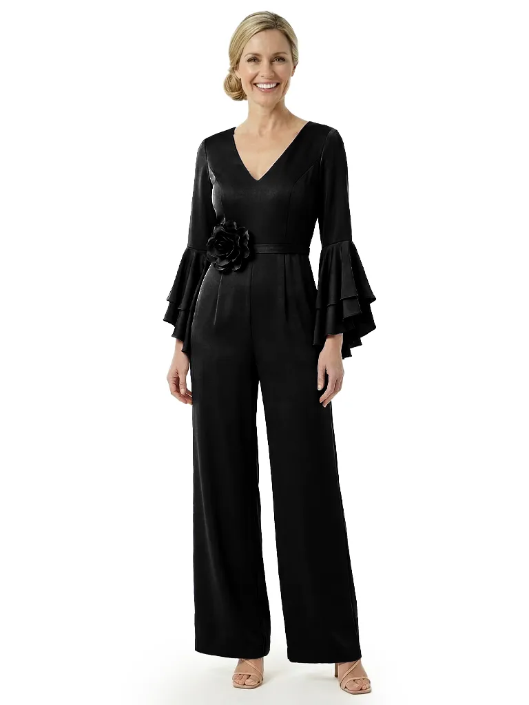 Beautiful V-Neck Long Sleeves Floral Detail Satin Mother Of The Bride Jumpsuit sold by ChicSew product image thumbnail 4