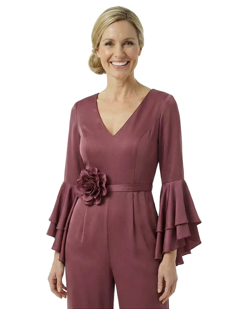 Beautiful V-Neck Long Sleeves Floral Detail Satin Mother Of The Bride Jumpsuit sold by ChicSew product image thumbnail 2