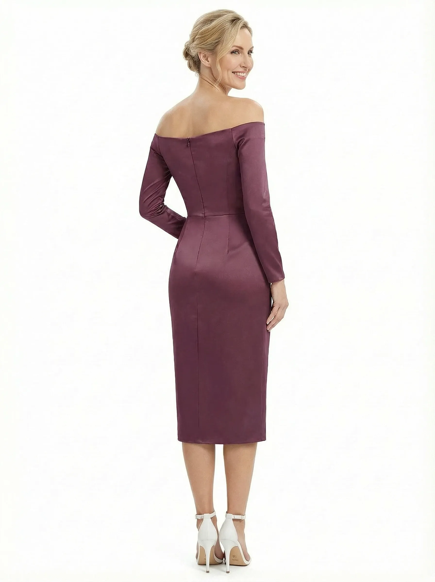 Chicsew Modern Off The Shoulder Long Sleeve Satin Tea-Length Mother Of The Bride Dress With Side Slit sold by ChicSew product image thumbnail 2