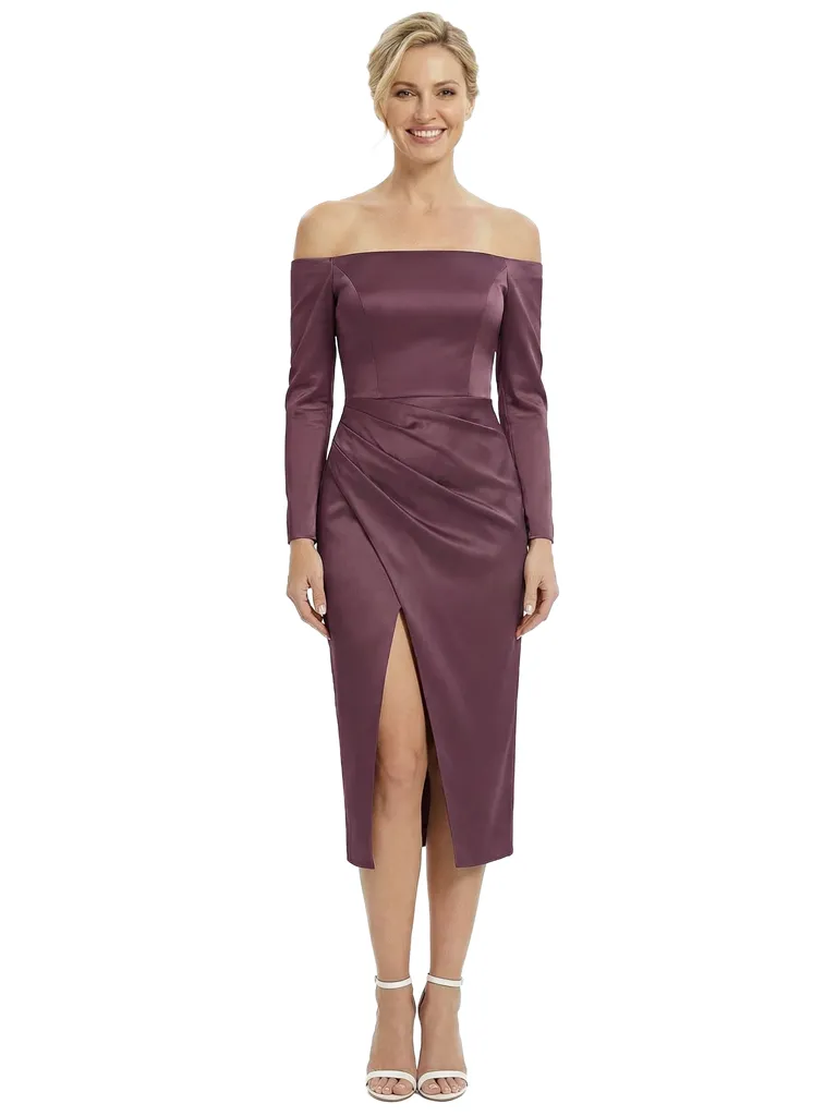 Chicsew Modern Off The Shoulder Long Sleeve Satin Tea-Length Mother Of The Bride Dress With Side Slit sold by ChicSew