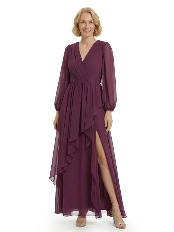 Chicsew Gorgeous V-neck Lantern Sleeves Side Slit Ruffles Chiffon Mother of The Bride Gown sold by ChicSew