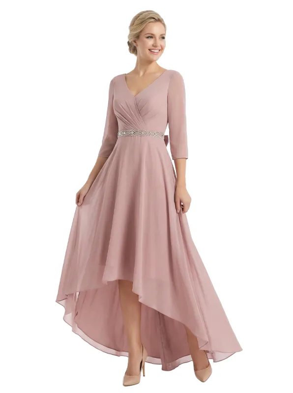 Chicsew Mother of The Groom Dresses V-Neck 3/4 Sleeve Chiffon High-Low Gown Pretty Beaded Belted Formal Bridal Party Dress sold by ChicSew