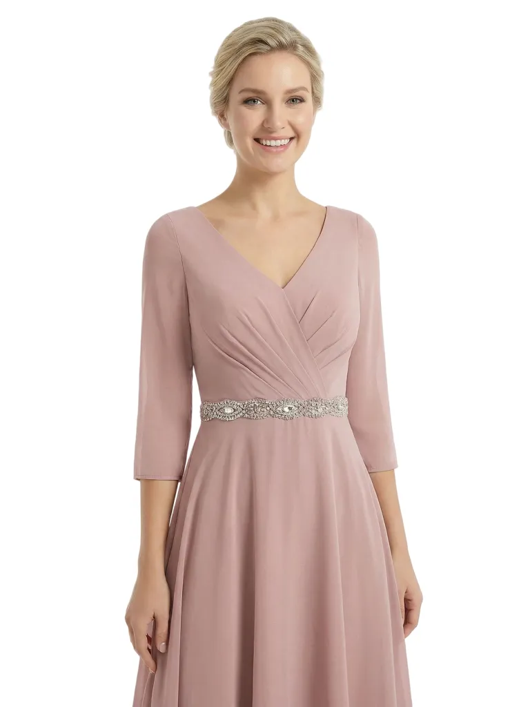Chicsew Mother of The Groom Dresses V-Neck 3/4 Sleeve Chiffon High-Low Gown Pretty Beaded Belted Formal Bridal Party Dress sold by ChicSew product image thumbnail 2