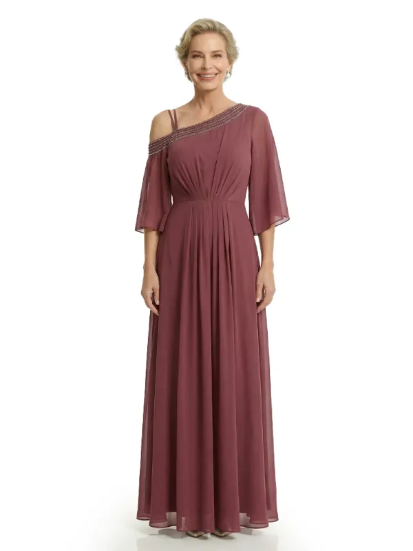 Chicsew Elegant Beaded One Shoulder Bell Sleeves Chiffon Mother of The Bride Gown sold by ChicSew