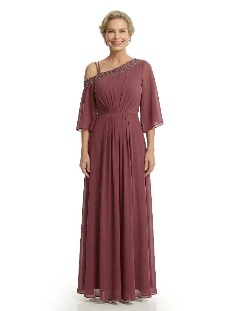 Chicsew Elegant Beaded One Shoulder Bell Sleeves Chiffon Mother of The Bride Gown sold by ChicSew