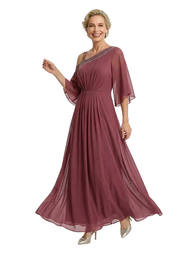 Chicsew Elegant Beaded One Shoulder Bell Sleeves Chiffon Mother of The Bride Gown sold by ChicSew product image thumbnail 4