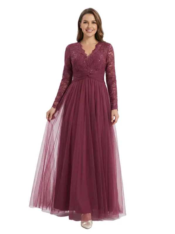 Chicsew Lace V-Neck Long Sleeves Mother Of The Bride Gown Floor-Length Tulle Party Dress sold by ChicSew