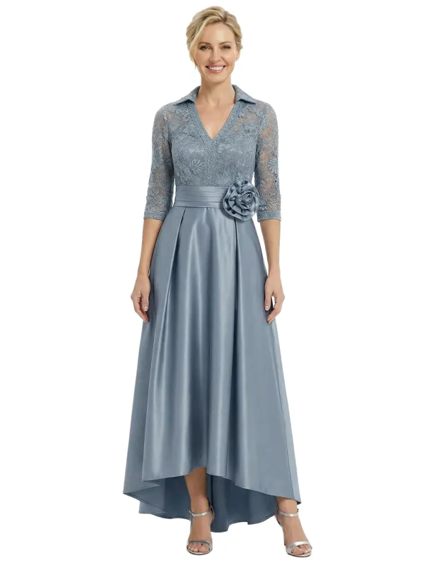 Chicsew Mother of The Bride Dresses V-Neck Half Sleeve Lace Satin High-Low Gown Unique Flower Detailed Formal Wedding Event Attire sold by ChicSew