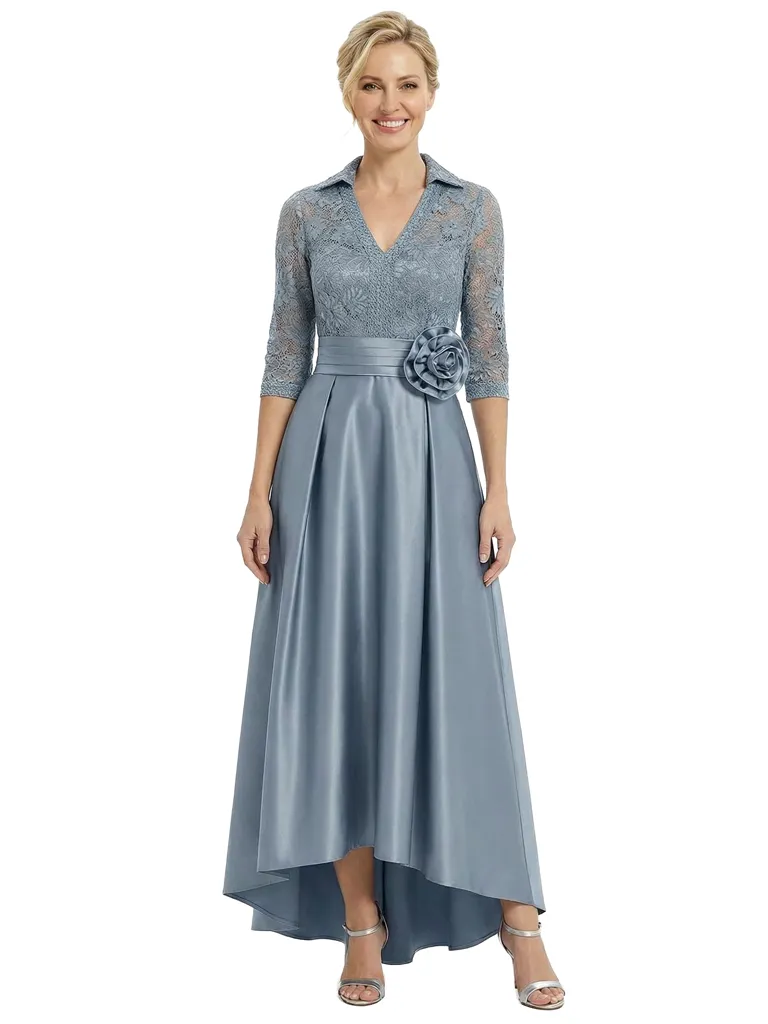 Chicsew Mother of The Bride Dresses V-Neck Half Sleeve Lace Satin High-Low Gown Unique Flower Detailed Formal Wedding Event Attire sold by ChicSew