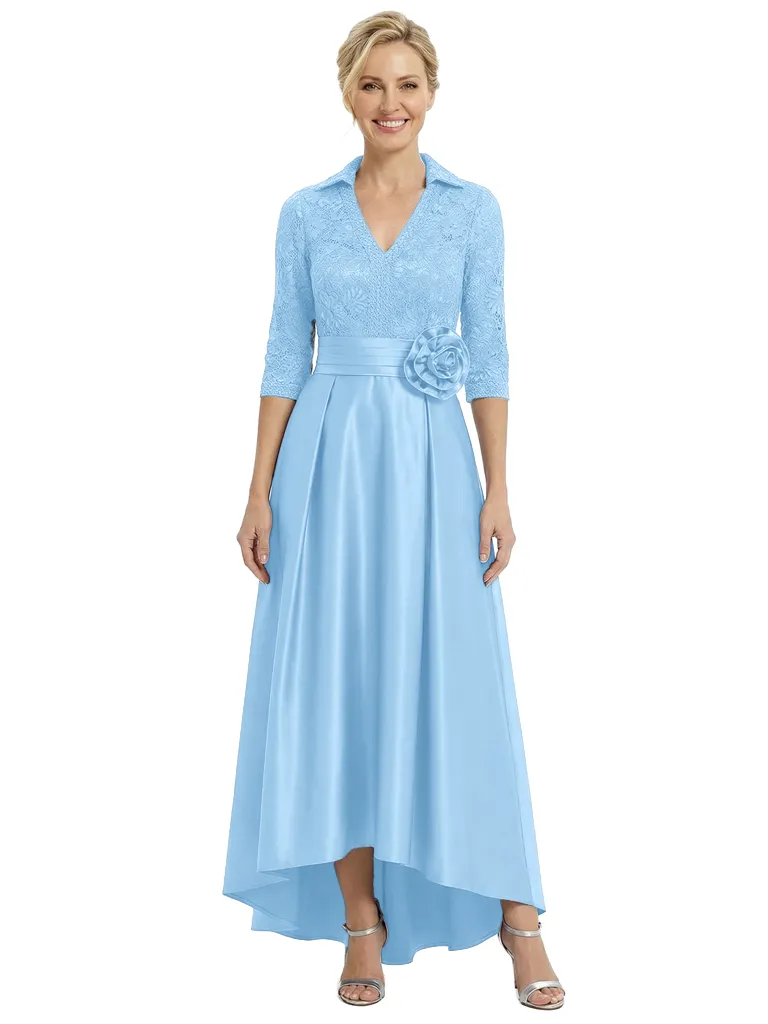 Chicsew Mother of The Bride Dresses V-Neck Half Sleeve Lace Satin High-Low Gown Unique Flower Detailed Formal Wedding Event Attire sold by ChicSew product image thumbnail 4