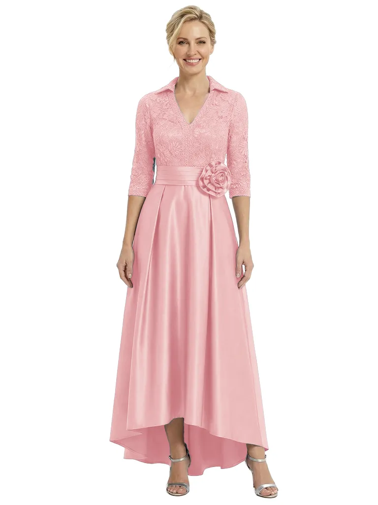 Chicsew Mother of The Bride Dresses V-Neck Half Sleeve Lace Satin High-Low Gown Unique Flower Detailed Formal Wedding Event Attire sold by ChicSew product image thumbnail 5