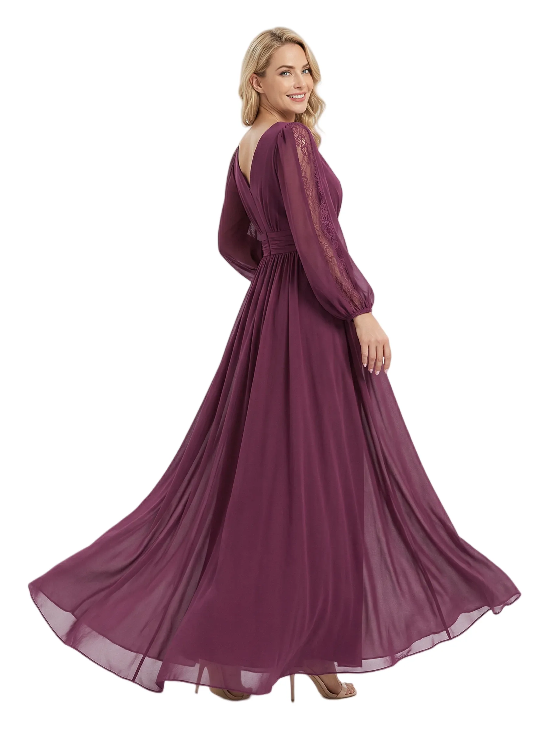 Chicsew Classy V-Neck Long Sleeves Mother Of The Bride Dress Ruched Chiffon A-Line Gown sold by ChicSew product image thumbnail 2