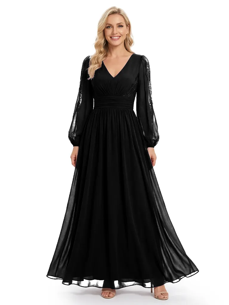 Chicsew Classy V-Neck Long Sleeves Mother Of The Bride Dress Ruched Chiffon A-Line Gown sold by ChicSew product image thumbnail 3
