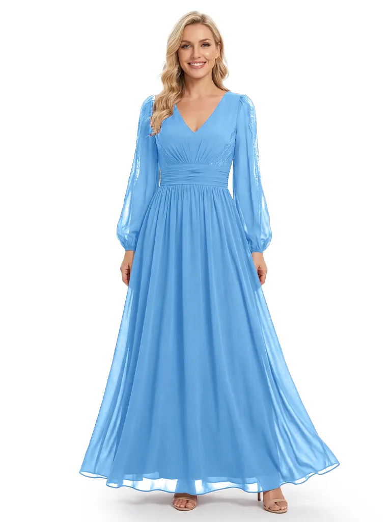 Chicsew Classy V-Neck Long Sleeves Mother Of The Bride Dress Ruched Chiffon A-Line Gown sold by ChicSew product image thumbnail 4