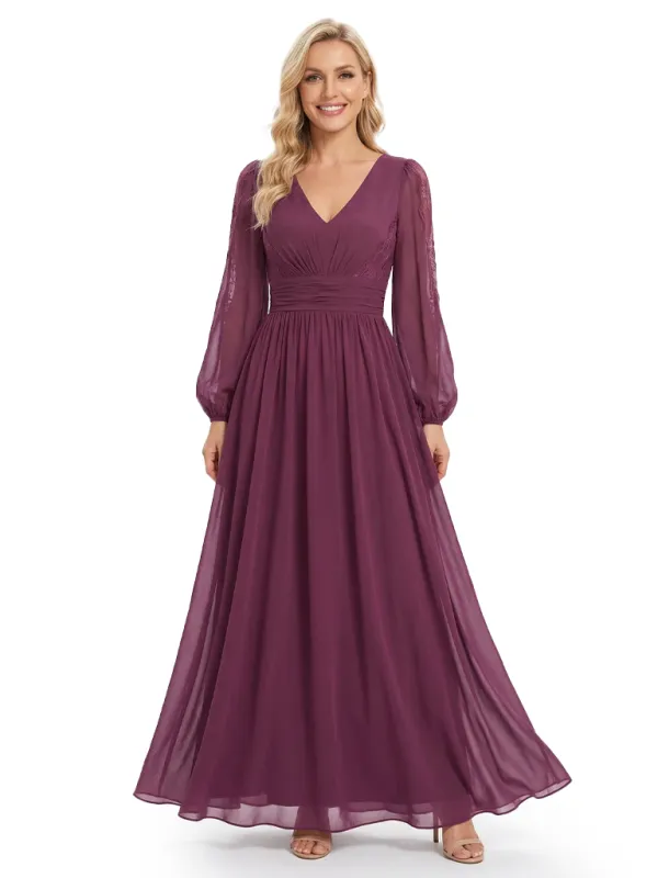 Chicsew Classy V-Neck Long Sleeves Mother Of The Bride Dress Ruched Chiffon A-Line Gown sold by ChicSew