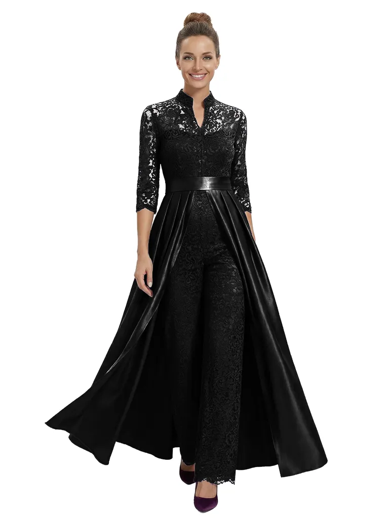 Chicsew Mother of The Groom Outfit V-Neck 3/4 Sleeve Lace Pantsuit Satin Overskirt sold by ChicSew product image thumbnail 4