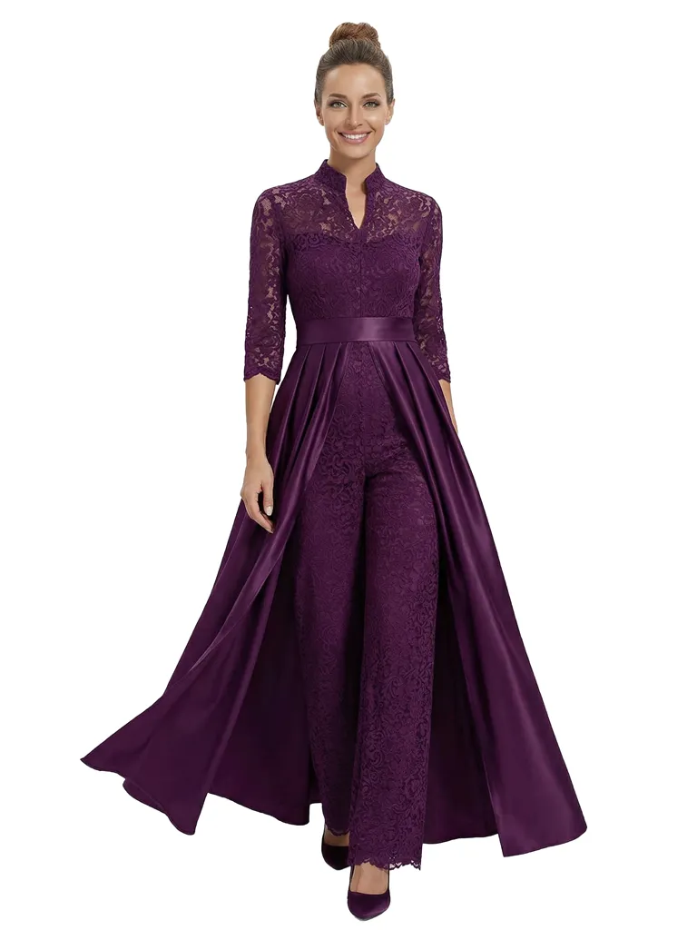 Chicsew Mother of The Groom Outfit V-Neck 3/4 Sleeve Lace Pantsuit Satin Overskirt sold by ChicSew