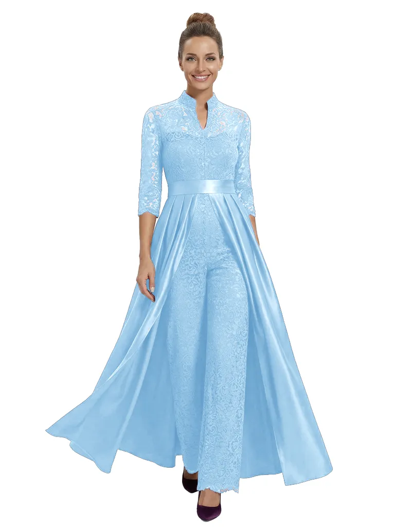 Chicsew Mother of The Groom Outfit V-Neck 3/4 Sleeve Lace Pantsuit Satin Overskirt sold by ChicSew product image thumbnail 5