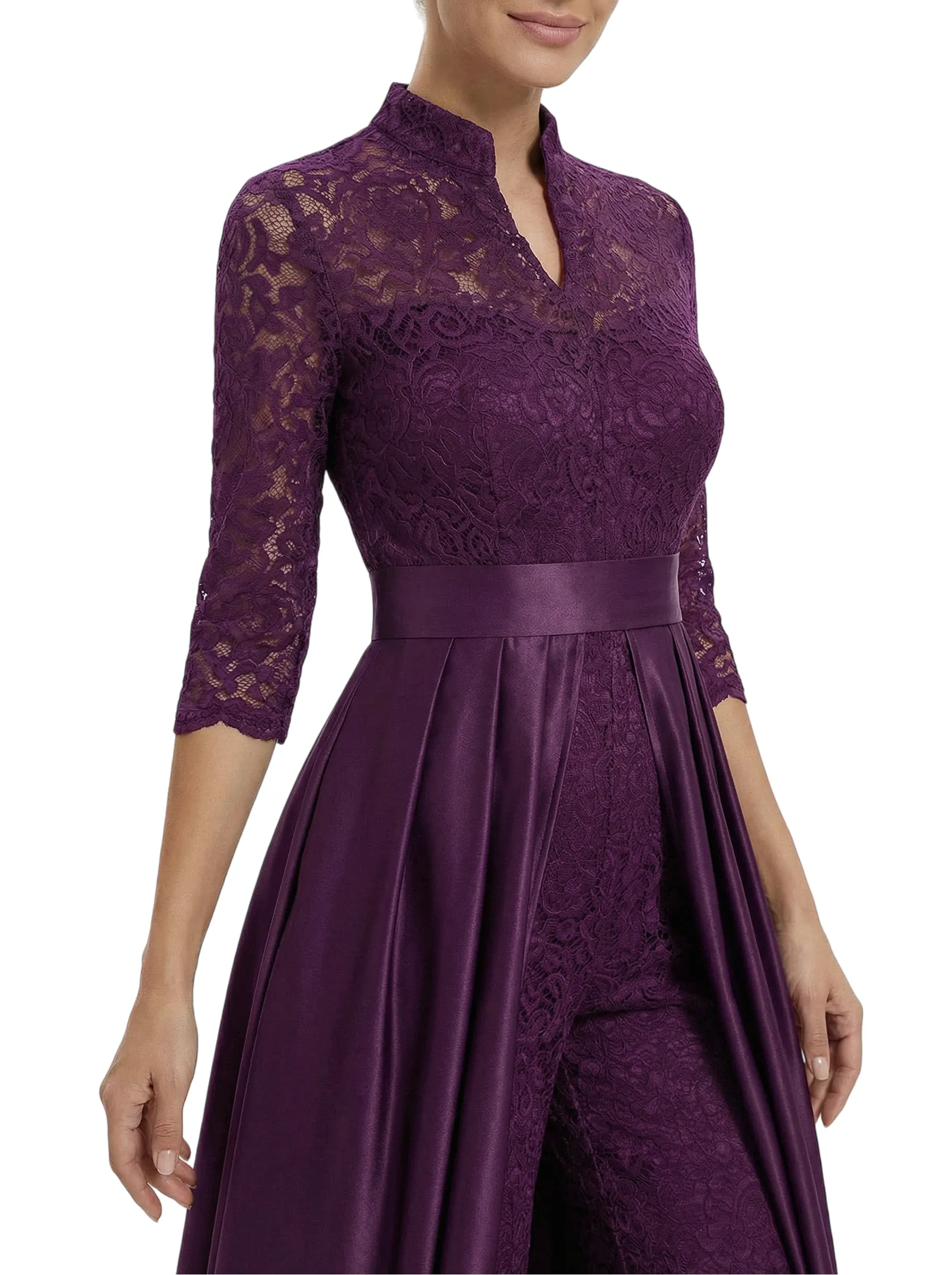 Chicsew Mother of The Groom Outfit V-Neck 3/4 Sleeve Lace Pantsuit Satin Overskirt sold by ChicSew product image thumbnail 2