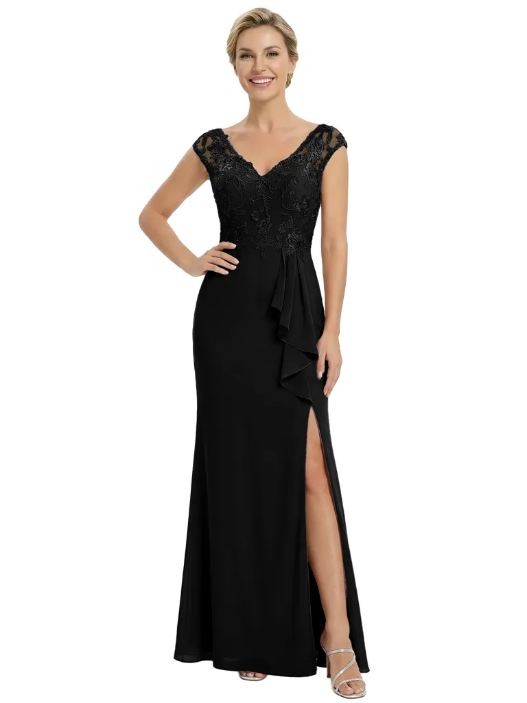 Chicsew Mother of The Groom Dresses V-Neck Cap Sleeve Chiffon Mermaid Maxi Gown With Slit Fancy Ruffled Formal Bridal Party Dress sold by ChicSew product image thumbnail 4