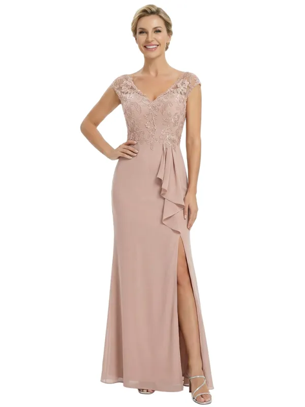 Chicsew Mother of The Groom Dresses V-Neck Cap Sleeve Chiffon Mermaid Maxi Gown With Slit Fancy Ruffled Formal Bridal Party Dress sold by ChicSew