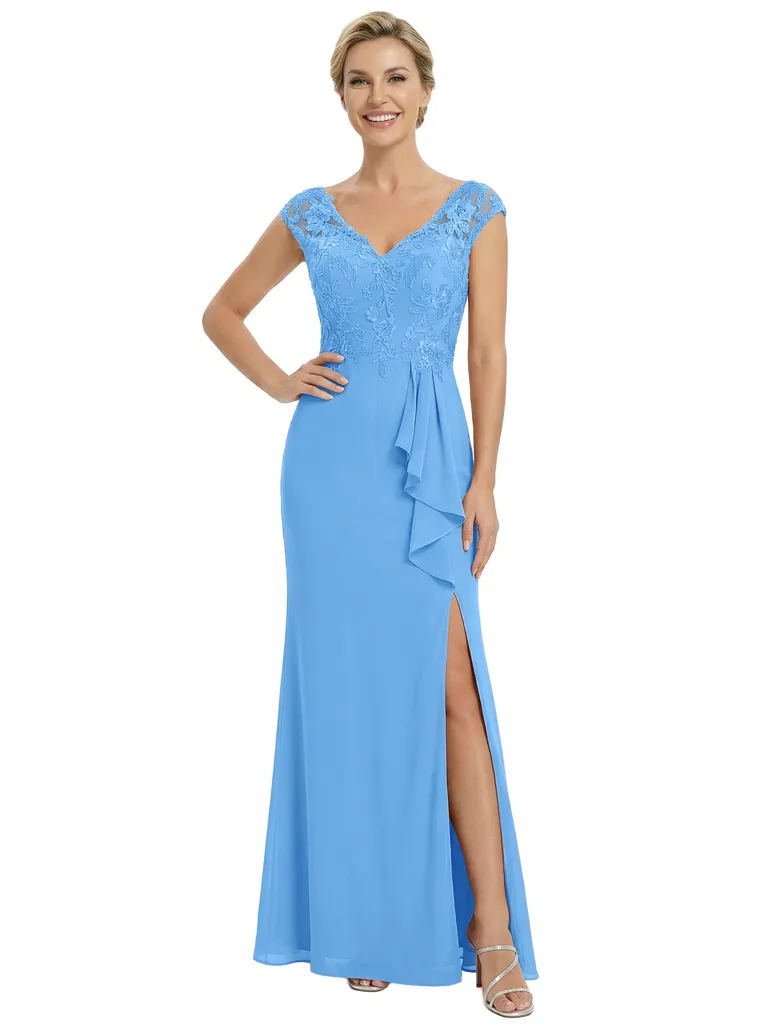 Chicsew Mother of The Groom Dresses V-Neck Cap Sleeve Chiffon Mermaid Maxi Gown With Slit Fancy Ruffled Formal Bridal Party Dress sold by ChicSew product image thumbnail 5