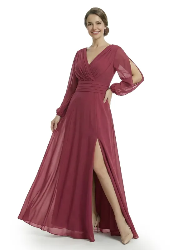 Chicsew Modern V-Neck Split Long Sleeves Mother Of The Groom Gown Chiffon Maxi Dress sold by ChicSew