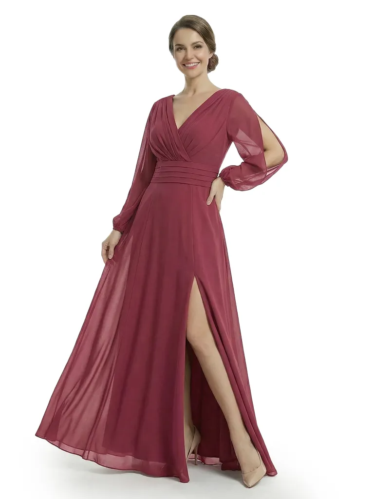 Chicsew Modern V-Neck Split Long Sleeves Mother Of The Groom Gown Chiffon Maxi Dress sold by ChicSew