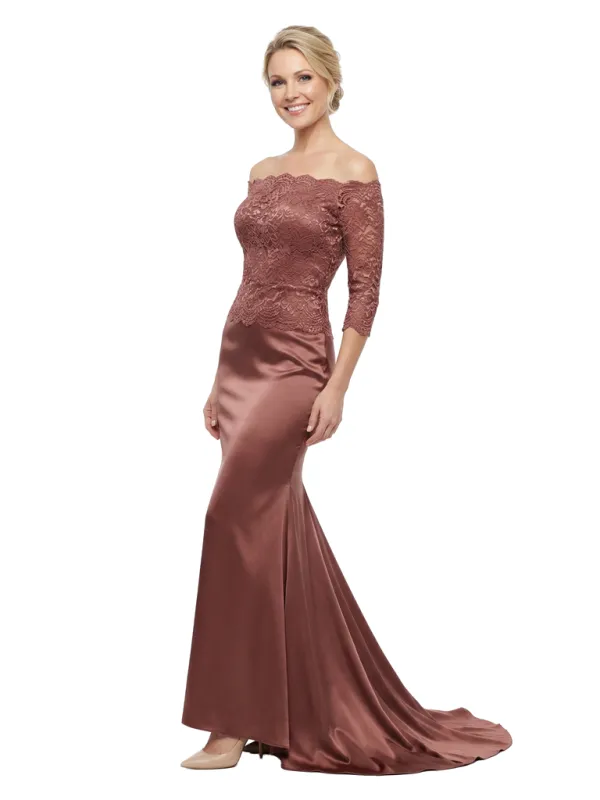 Chicsew Elegant Off Shoulder Lace 3/4 Sleeves Satin Mermaid Mother Of The Bride Dresses sold by ChicSew
