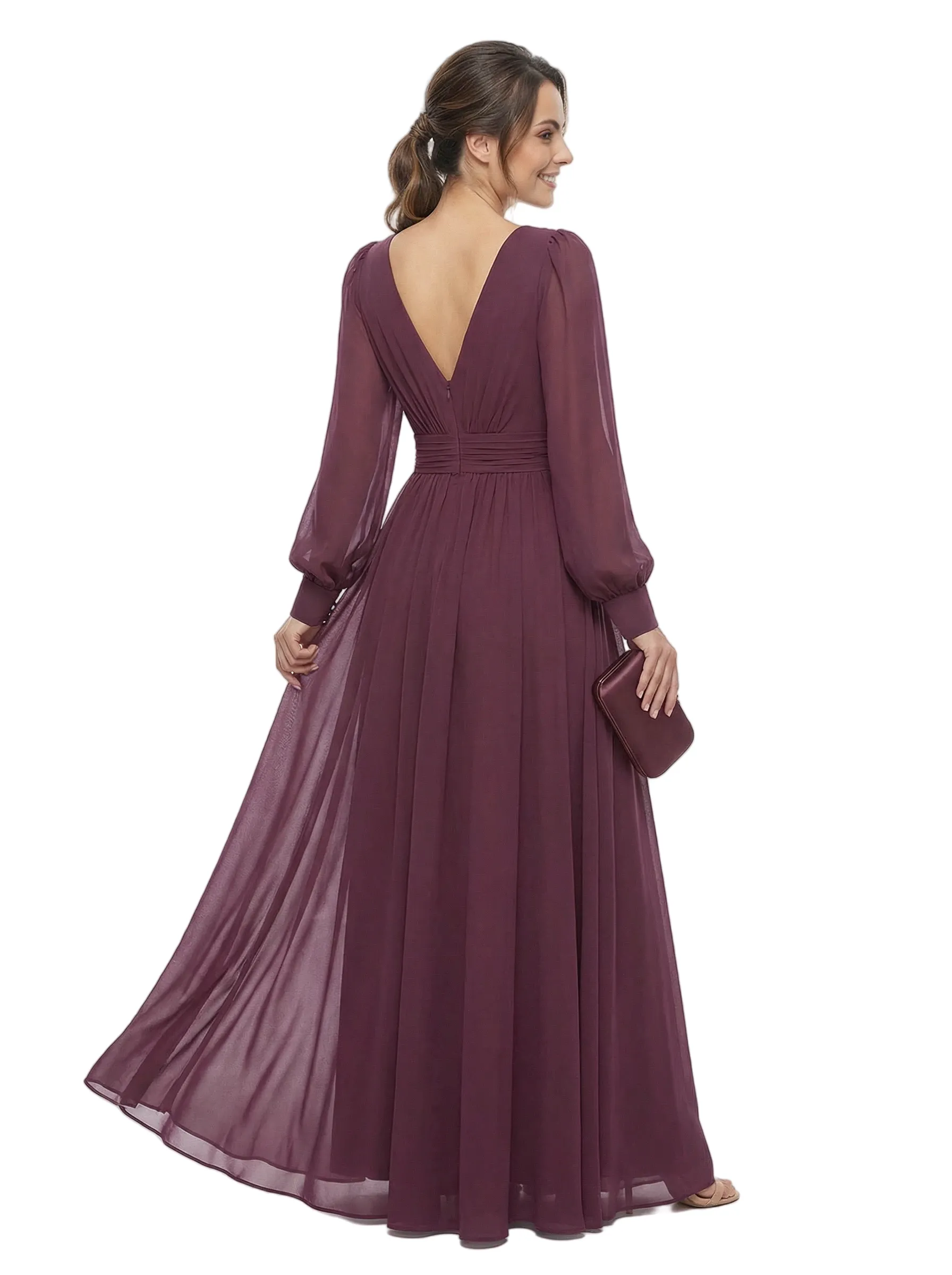 Chicsew Elegant V-Neck Chiffon Long Sleeves Ruched Side Slit Maxi Mother Of The Bride Dress sold by ChicSew product image thumbnail 3