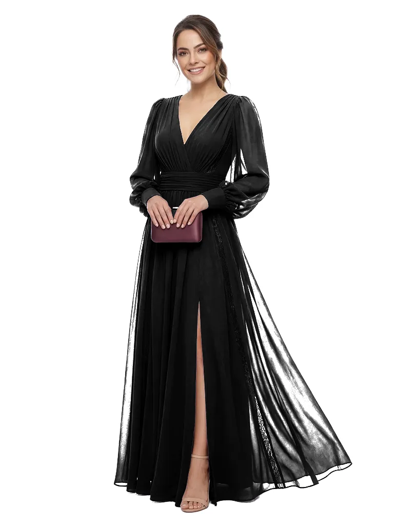 Chicsew Elegant V-Neck Chiffon Long Sleeves Ruched Side Slit Maxi Mother Of The Bride Dress sold by ChicSew product image thumbnail 4