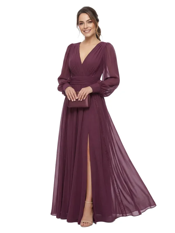 Chicsew Elegant V-Neck Chiffon Long Sleeves Ruched Side Slit Maxi Mother Of The Bride Dress sold by ChicSew